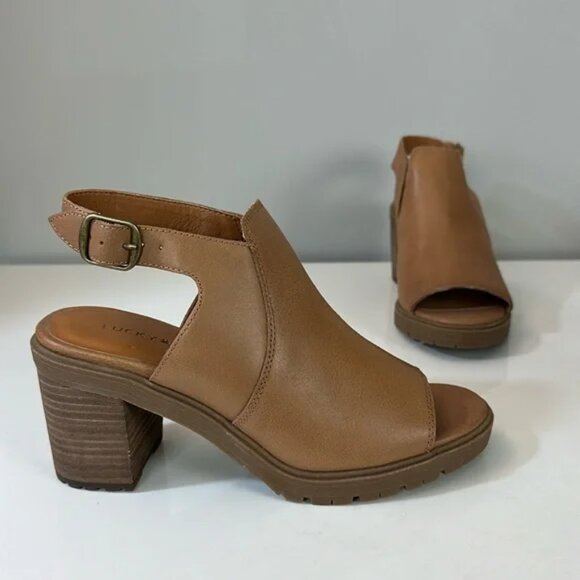 Lucky Brand Deylin Leather Lug Sole Sandal Peep Toe Sling Back Stacked Heel - Picture 3 of 4